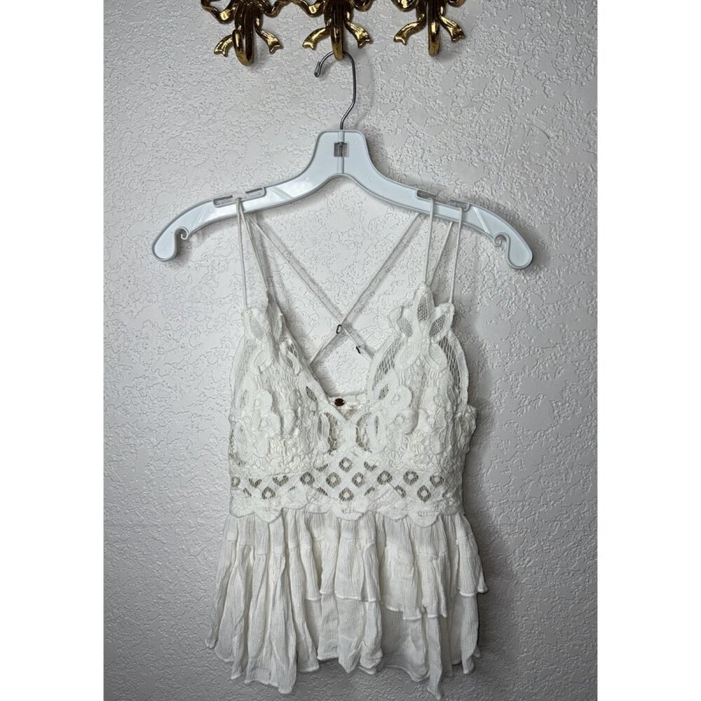 Free People Lace Top With Ruffles Spaghetti Straps White Crop Tank Small W - Picture 1 of 5